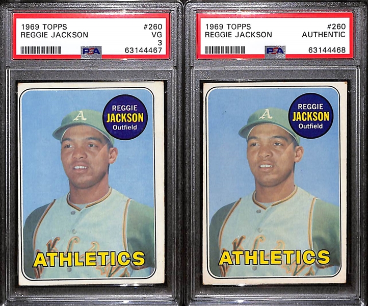Lot of (2) 1969 Topps Reggie Jackson Rookies #280 - PSA 3 and PSA Authentic