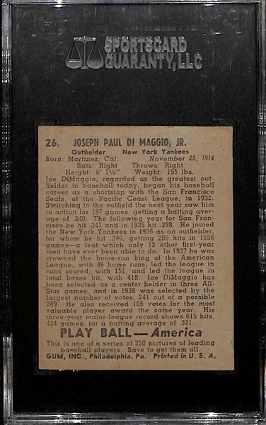 1939 Play Ball Joe DiMaggio # 26 Graded SGC 4 (50) VG-EX 