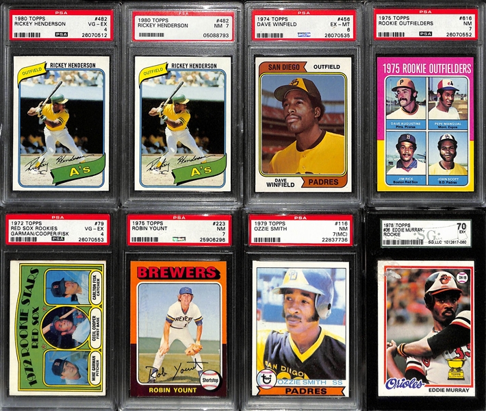 Lot of (8) Mostly 1970s Graded Rookie Lot w/ Rickey Henderson, Fisk, Winfield, Yount, Murray, O. Smith
