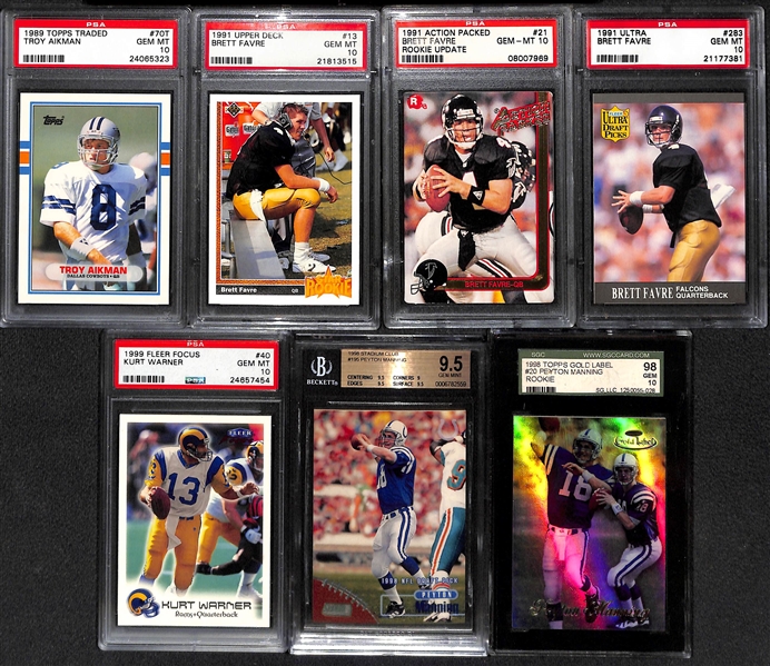 Lot of (7) Graded Gem Mint Star Quarterback Rookie Cards w. Favre, Aikman, Manning