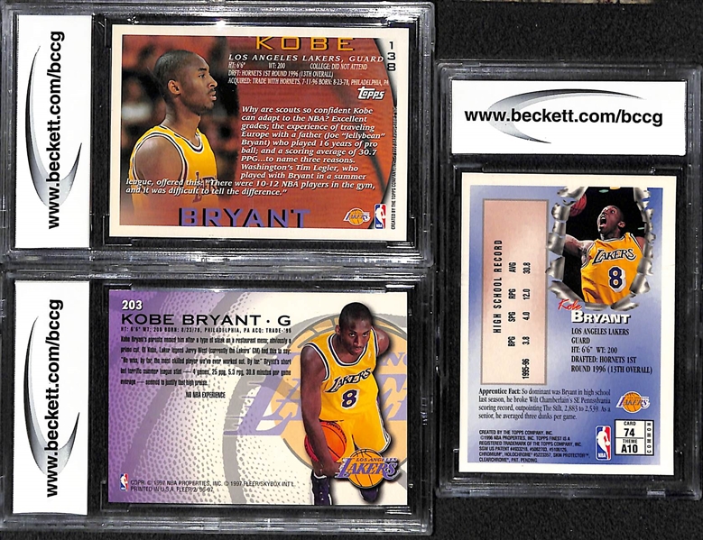Lot of (3) BCCG 10 1996-97 Graded Kobe Bryant Rookie Cards (Topps, Fleer, Finest)