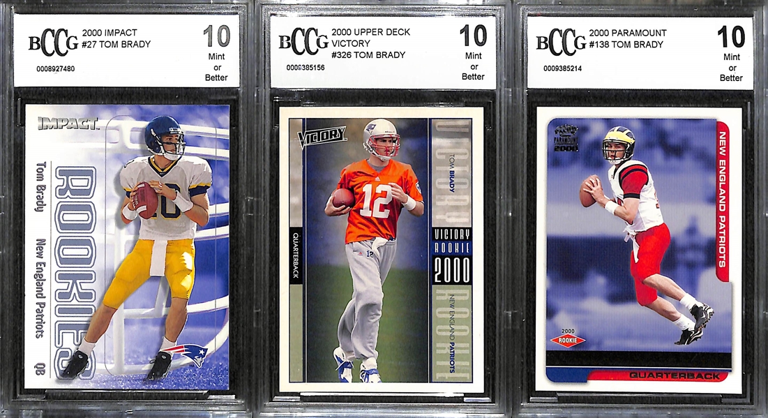 Lot of (3) BCCG 10 Graded Tom Brady Rookie Cards (Impact, Victory, Paramont)