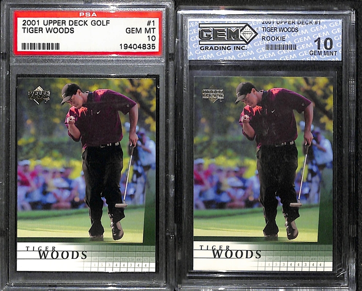 Lot of (2) 2001 Upper Deck Golf Tiger Woods - One Graded PSA Gem Mint 10