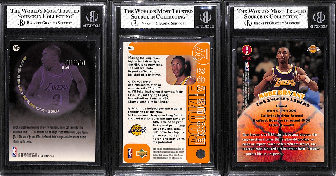 Lot of (3) 1996 Kobe Bryant BGS Graded Rookie Cards - Ultra All-Rookies, UD Exclusives, TSC Rookies