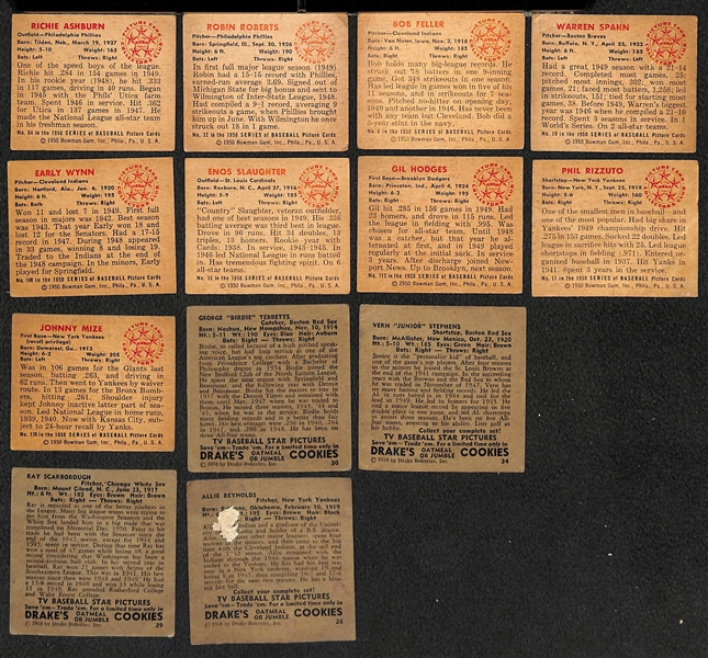 Lot of (9) 1950 Bowman and (4) 1950 Drake's Cookies Cards w. 1950 Bowman Richie Ashburn (2nd year)