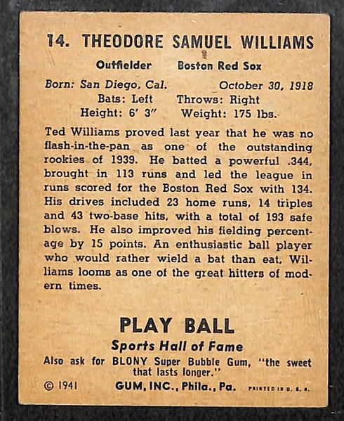  1941 Playball Ted Williams #14 Card