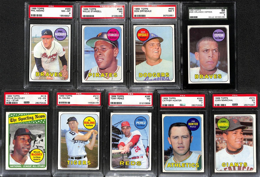 Lot of (9) Graded 1969 Topps Baseball Stars w. Stargell, Cepeda, Drysdale, McCovey and More