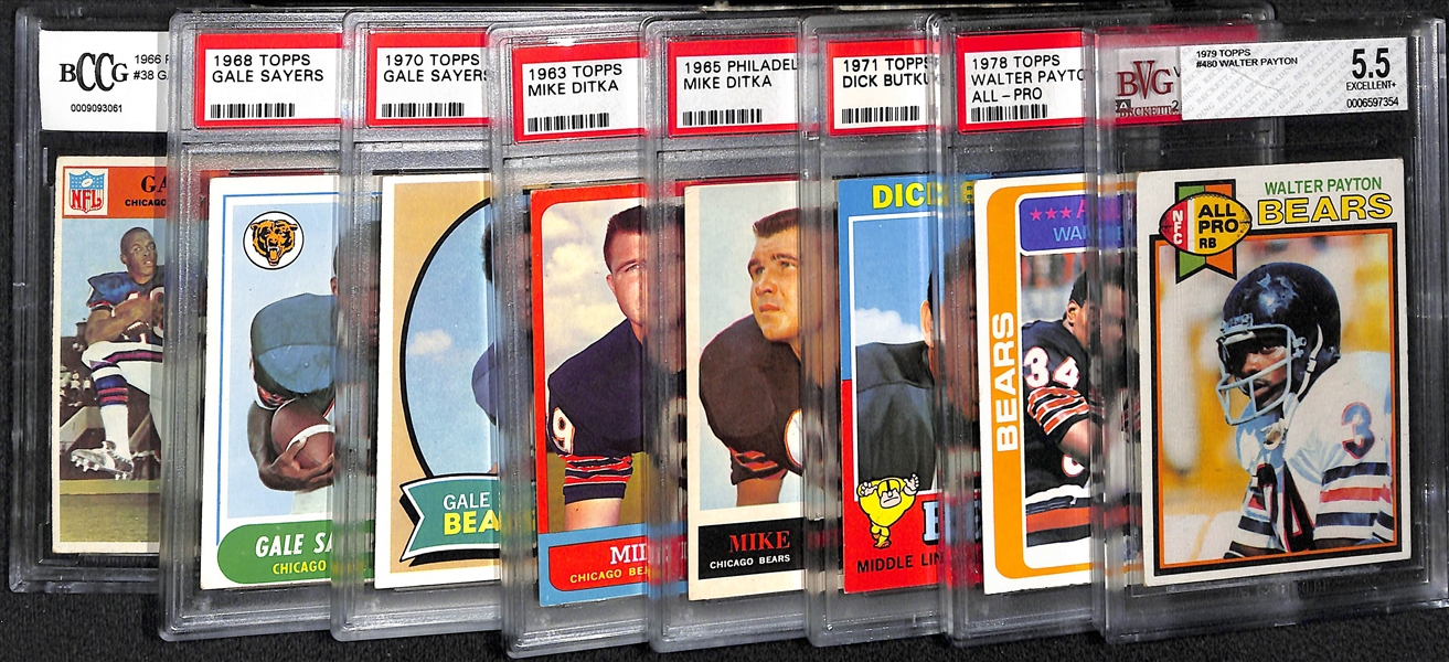 Lot of (8) Vintage 1960s-1970s Graded Chicago Bears Football Stars w. Payton, Sayers Rookie, Ditka, Butkus