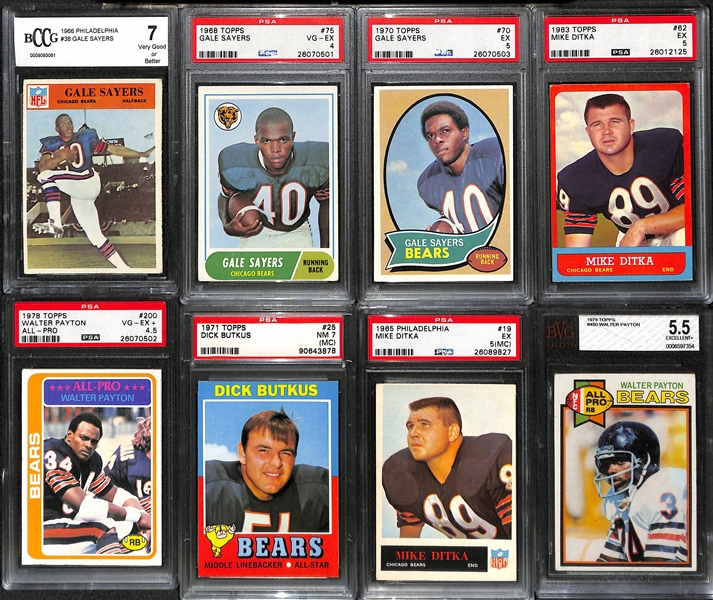 Lot of (8) Vintage 1960s-1970s Graded Chicago Bears Football Stars w. Payton, Sayers Rookie, Ditka, Butkus