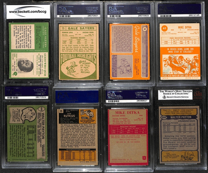 Lot of (8) Vintage 1960s-1970s Graded Chicago Bears Football Stars w. Payton, Sayers Rookie, Ditka, Butkus