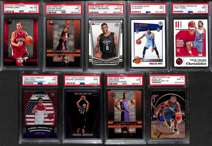 Lot of (9) PSA Graded Basketball Mostly Rookies w. Curry, Wade, Westbrook, Morant, Young, L. Ball