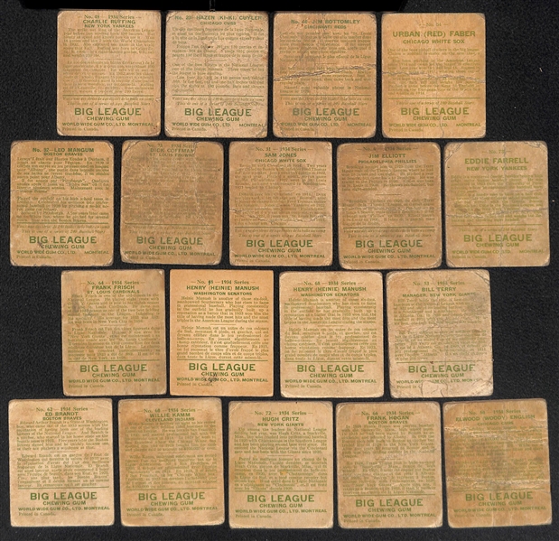 Lot of (9) 1933 & (9) 1934 Canadian Goudey Baseball Cards w. 1933 Charlie Ruffing