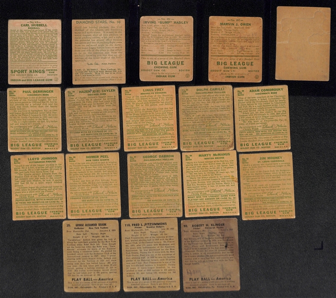Lot of (18) Baseball Cards from 1933-1939 w. 1933 Sport Kings Carl Hubbell