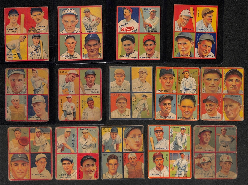 Lot of (14) 1934 4-in-1 (R321) Goudey Baseball Cards w. Paul & Lloyd Waner Card