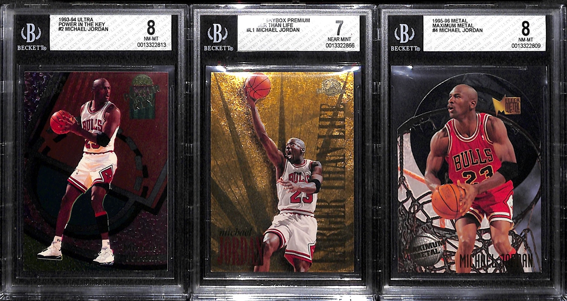 (3) Michael Jordan Graded Inserts - 1993 Ultra Power in the Key BGS 8, 1995 Larger Than Life BGS 7, & 1995 Maximum Metal BGS 8 