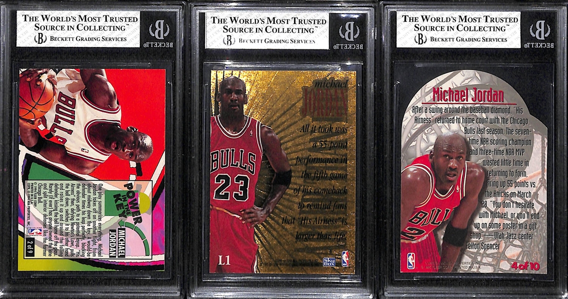 (3) Michael Jordan Graded Inserts - 1993 Ultra Power in the Key BGS 8, 1995 Larger Than Life BGS 7, & 1995 Maximum Metal BGS 8 