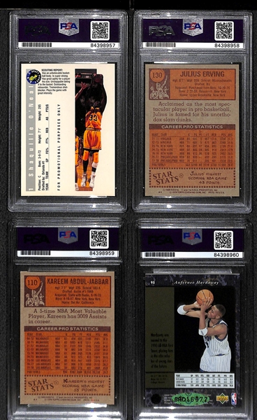 (4) Signed Basketball Cards - 1992 Shaquille O'Neal Rookie, 1978 Topps Dr. J., & Abdul-Jabbar, 1995 A. Hardaway (All PSA Slabbed)