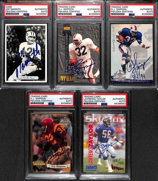 (5) Signed Football Cards - Joe Namath, (3) OJ Simpson, Lawrence Taylor (All PSA Slabbed)
