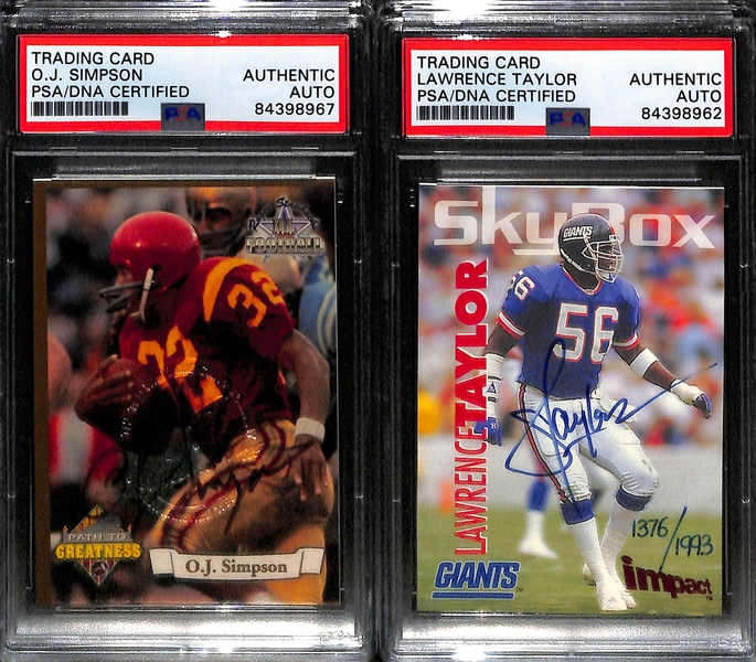(5) Signed Football Cards - Joe Namath, (3) OJ Simpson, Lawrence Taylor (All PSA Slabbed)