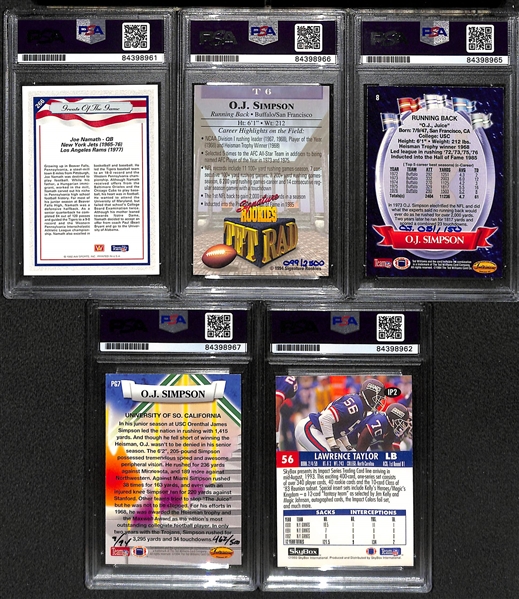 (5) Signed Football Cards - Joe Namath, (3) OJ Simpson, Lawrence Taylor (All PSA Slabbed)