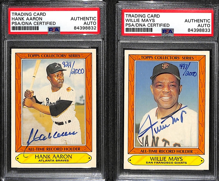 Hank Aaron & Willie Mays Signed Baseball Cards (Both PSA Slabbed Authentic)