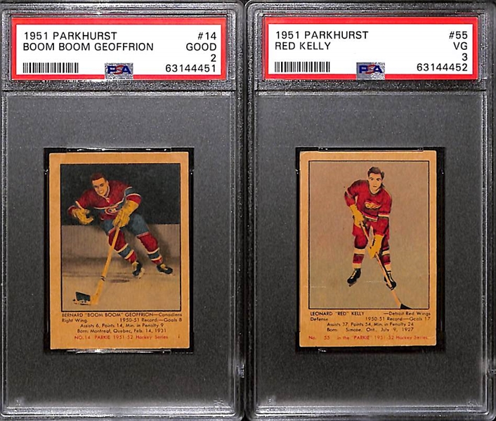 1951 Parkhurst Hockey Rookie Lot - Red Kelly #55 (PSA 3) & Boom Boom Geoffrion #14 (PSA 2)