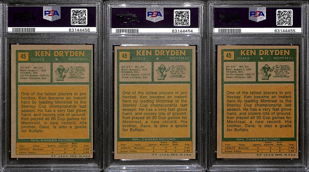 Lot of (3) 1971 Topps Ken Dryden #45 Rookie Cards - Graded PSA 4, PSA 5, PSA 5.5