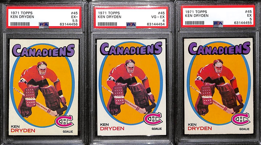 Lot of (3) 1971 Topps Ken Dryden #45 Rookie Cards - Graded PSA 4, PSA 5, PSA 5.5