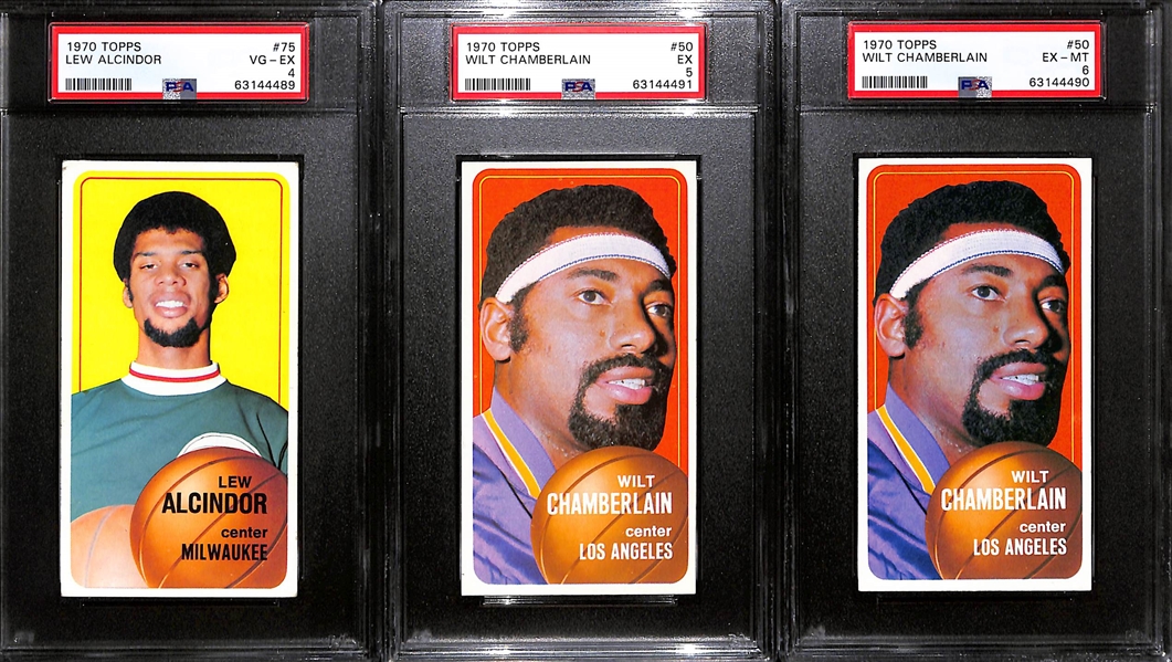 1970 Topps Basketball Graded Lot - Lew Alcindor #75 PSA 4, Wilt Chamberlain #50 PSA 5 & PSA 6