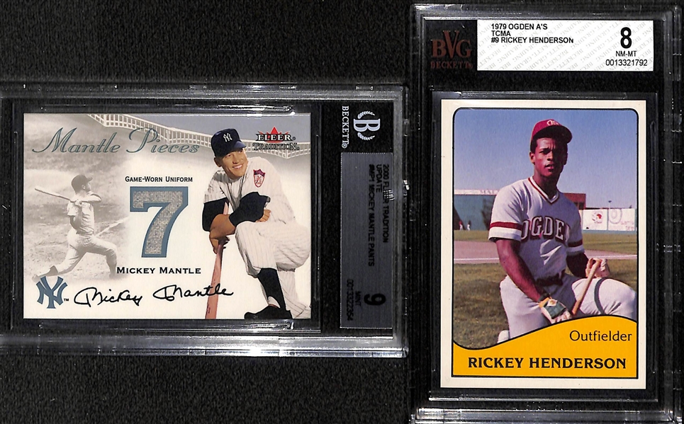 2000 Fleer Update Mickey Mantle Game-Used Relic Card (BGS 9) & 1979 Ogden A's Rickey Henderson Pre-Rookie (BVG 8)