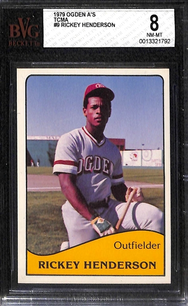 2000 Fleer Update Mickey Mantle Game-Used Relic Card (BGS 9) & 1979 Ogden A's Rickey Henderson Pre-Rookie (BVG 8)