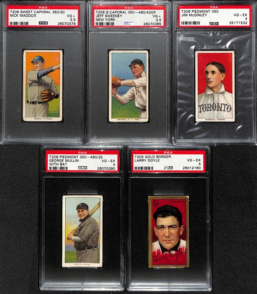 Lot of (5) 1909 T206 & 1911 T205 PSA Graded Baseball Cards (All PSA 3.5 or Higher) w. George Mullin