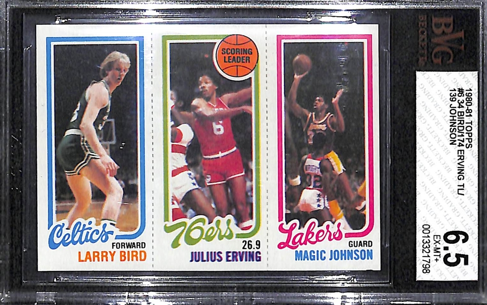 1980-81 Topps Larry Bird & Magic Johnson Rookie Card (w. Julius Erving) Graded BVG 6.5