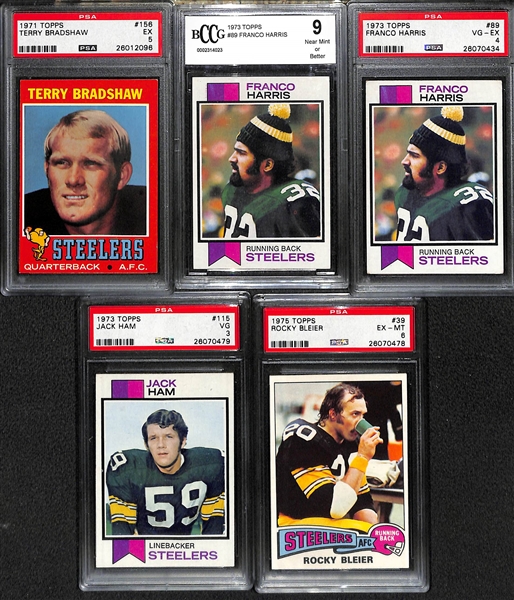 Lot of (5) 1970s Pittsburgh Steelers Graded Rookies with Bradshaw, Harris, Ham, Bleier