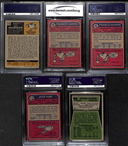 Lot of (5) 1970s Pittsburgh Steelers Graded Rookies with Bradshaw, Harris, Ham, Bleier