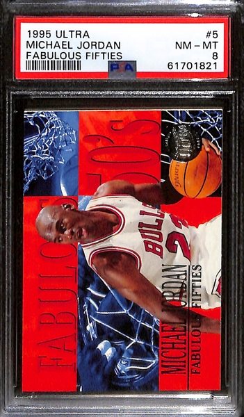 Lot of (4) 1990s Michael Jordan PSA Graded Cards w. 1995 Metal Scoring Magnet PSA 8