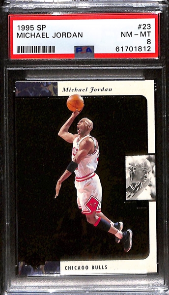 Lot of (4) 1990s Michael Jordan PSA Graded Cards w. 1995 Metal Scoring Magnet PSA 8