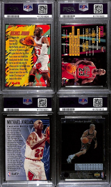 Lot of (4) 1990s Michael Jordan PSA Graded Cards w. 1995 Metal Scoring Magnet PSA 8
