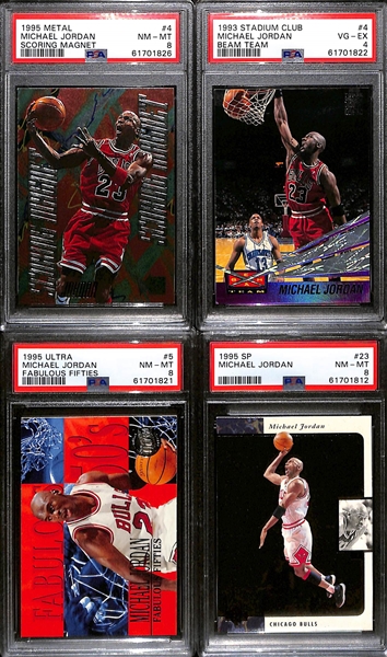 Lot of (4) 1990s Michael Jordan PSA Graded Cards w. 1995 Metal Scoring Magnet PSA 8