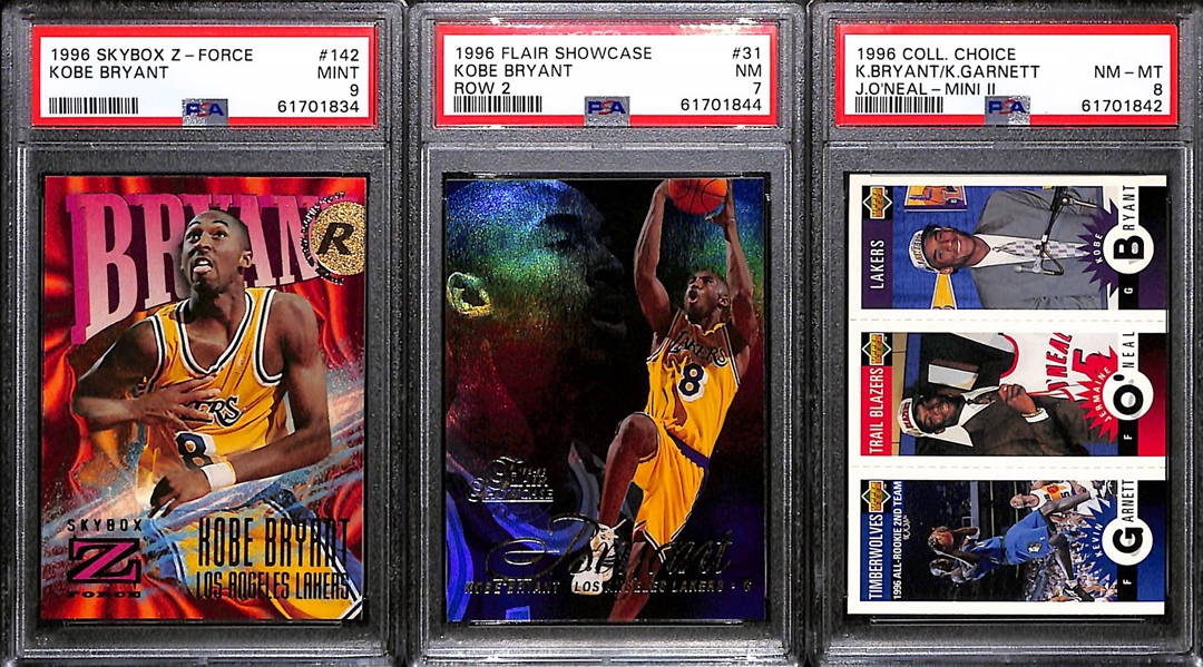 Lot of (3) 1996 PSA Graded Kobe Bryant Rookies w. 1996 Skybox Z-Force PSA 9