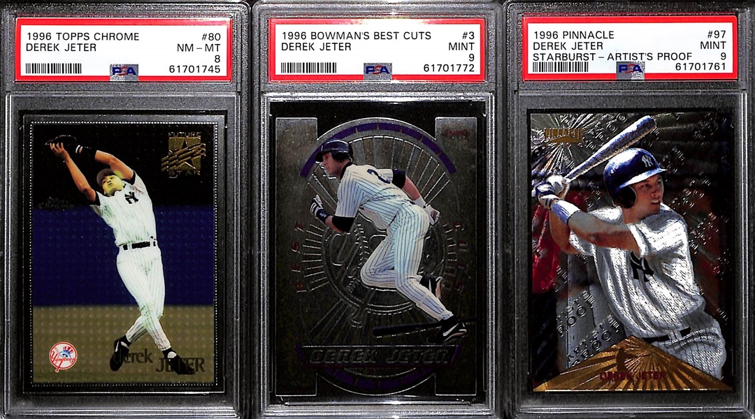 Lot of (3) 1996 PSA Graded Derek Jeter Cards w. Pinnacle Starburst - Artist Proof PSA 9