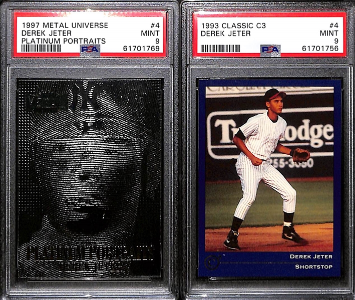 Lot of (2) PSA 9 Mint Graded Derek Jeter Cards w. 1997 Metal Universe Platinum Portraits and 1993 Classic C3