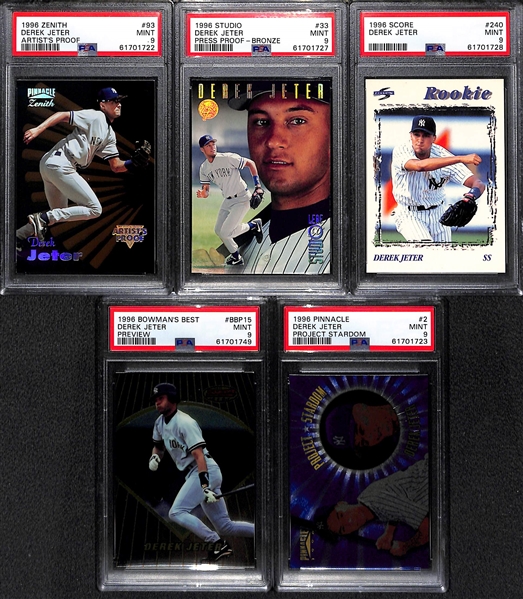 Lot of (5) All PSA 9 Graded Derek Jeter Cards w. 1996 Zenith Artist Proof (Only 10 Graded Higher)