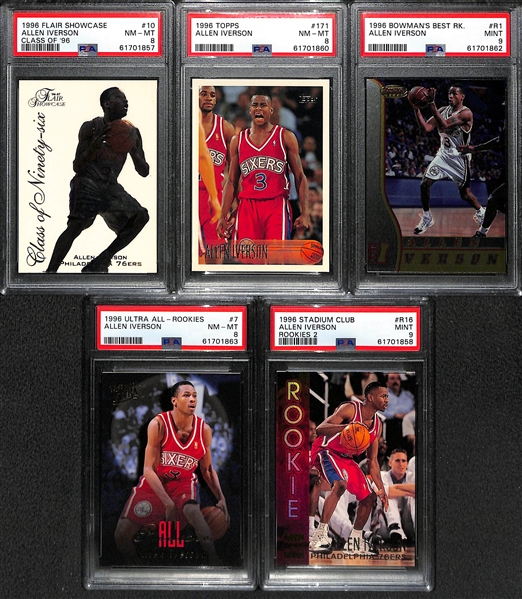 Lot of (5) PSA Graded 1996 Allen Iverson Rookie Cards w. Flair Showcase PSA 8