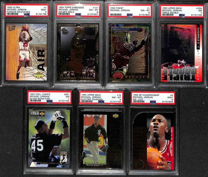 Lot of (7) PSA Graded Michael Jordan Cards w. 1993 Ultra Famous Nicknames Insert PSA 9