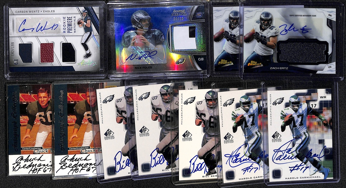 Lot of (11) Philadelphia Eagles Rookie and Greats Autographed Cards with Wentz, Foles, Ertz, Bednarik, Bergey