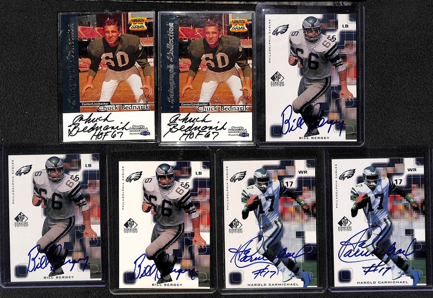 Lot of (11) Philadelphia Eagles Rookie and Greats Autographed Cards with Wentz, Foles, Ertz, Bednarik, Bergey