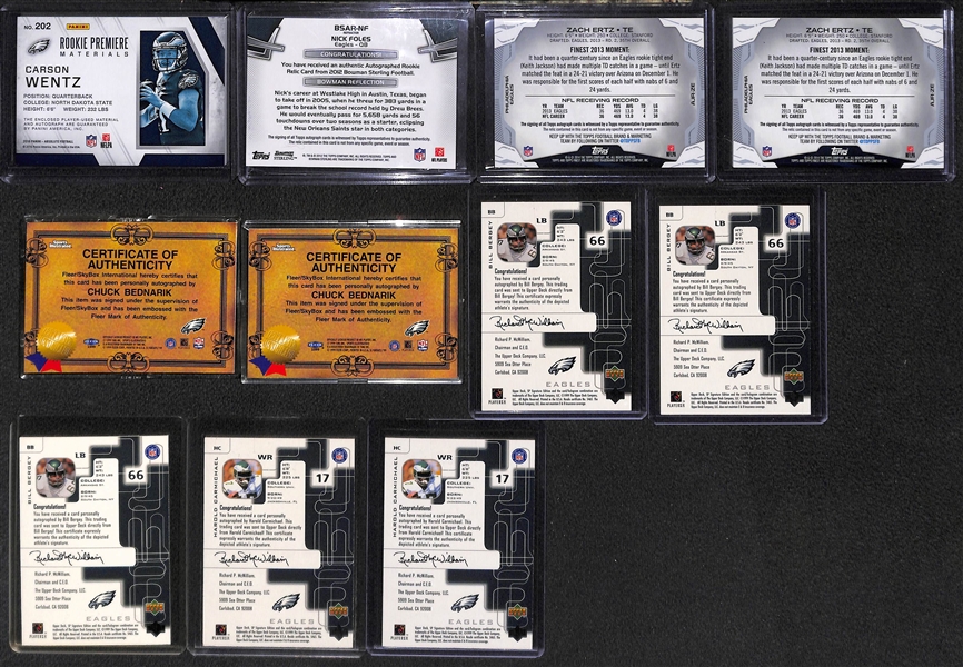 Lot of (11) Philadelphia Eagles Rookie and Greats Autographed Cards with Wentz, Foles, Ertz, Bednarik, Bergey