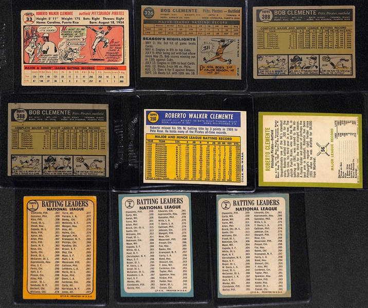  Lot of (9) 1956-1970 Roberto Clemente Cards w. 1956 Topps (2nd Year)