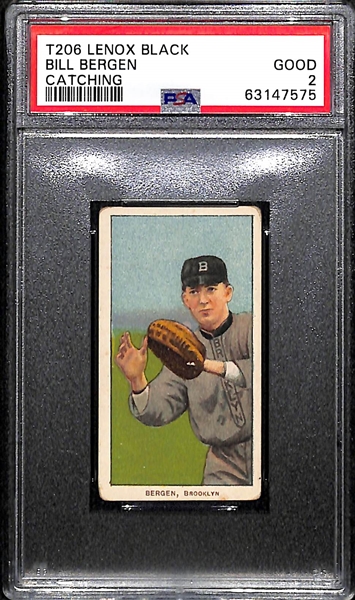 RARE BACK - 1909-11 T206 (Lenox Black Back) Bill Bergen (Catching - Brooklyn Dodgers) Graded PSA 2